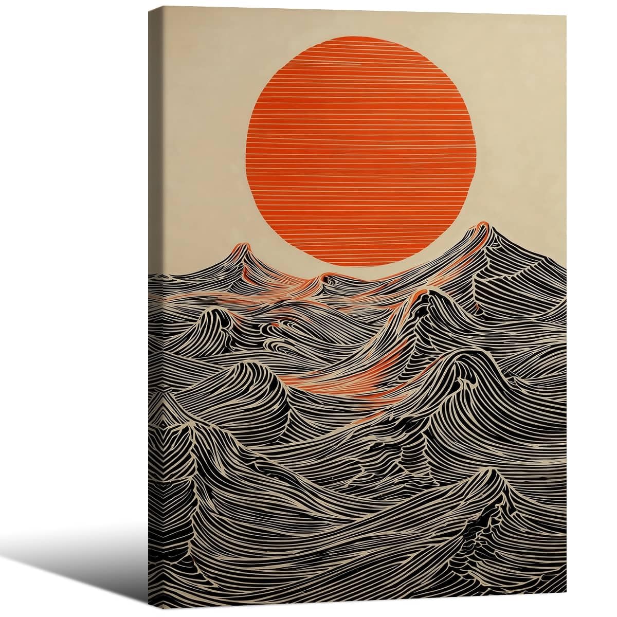 Abstract Japanese Style Artwork Ready to hang 20x30in Wrapped Framed Sun and Waves Wall Art Modern Minimalist Ocean Poster Asian Home Decor Print Painting for Japanese Living Room Bedroom Office (Wrapped Canvas / Japanese Painting / 30"L x 20"W)