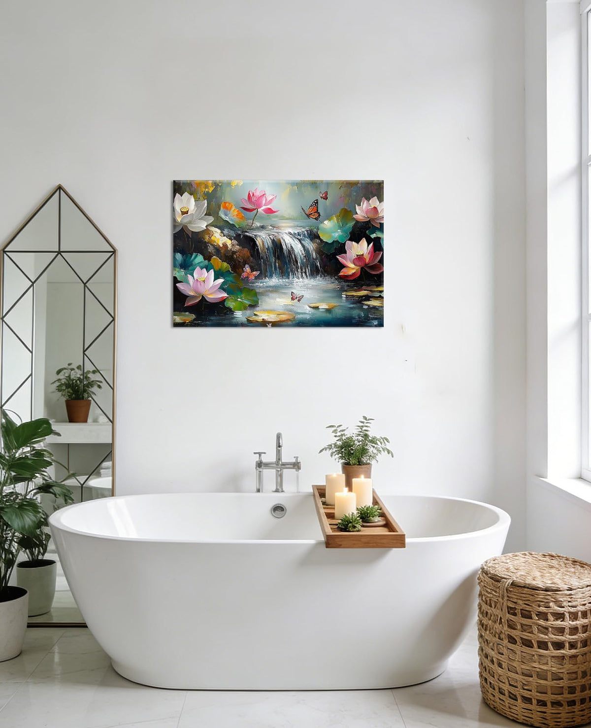 Large Lotus Wall Art Canvas Prints Flower Picture Water Lily with Butterfly Landscape Painting Zen Artwork Bathroom Living Room Decor Framed (42"L x 28"W / Green)