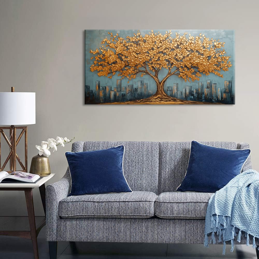 Gold Tree Wall Art for Living Room Office Modern Abstract Golden Urban Nature Minimalist Tree of Life Painting Prints Contemporary Canvas Artwork Dining Bedroom Decor Extra Large (Modern / Modern Golden Tree of Life Wall Art / 58L" x 28W")