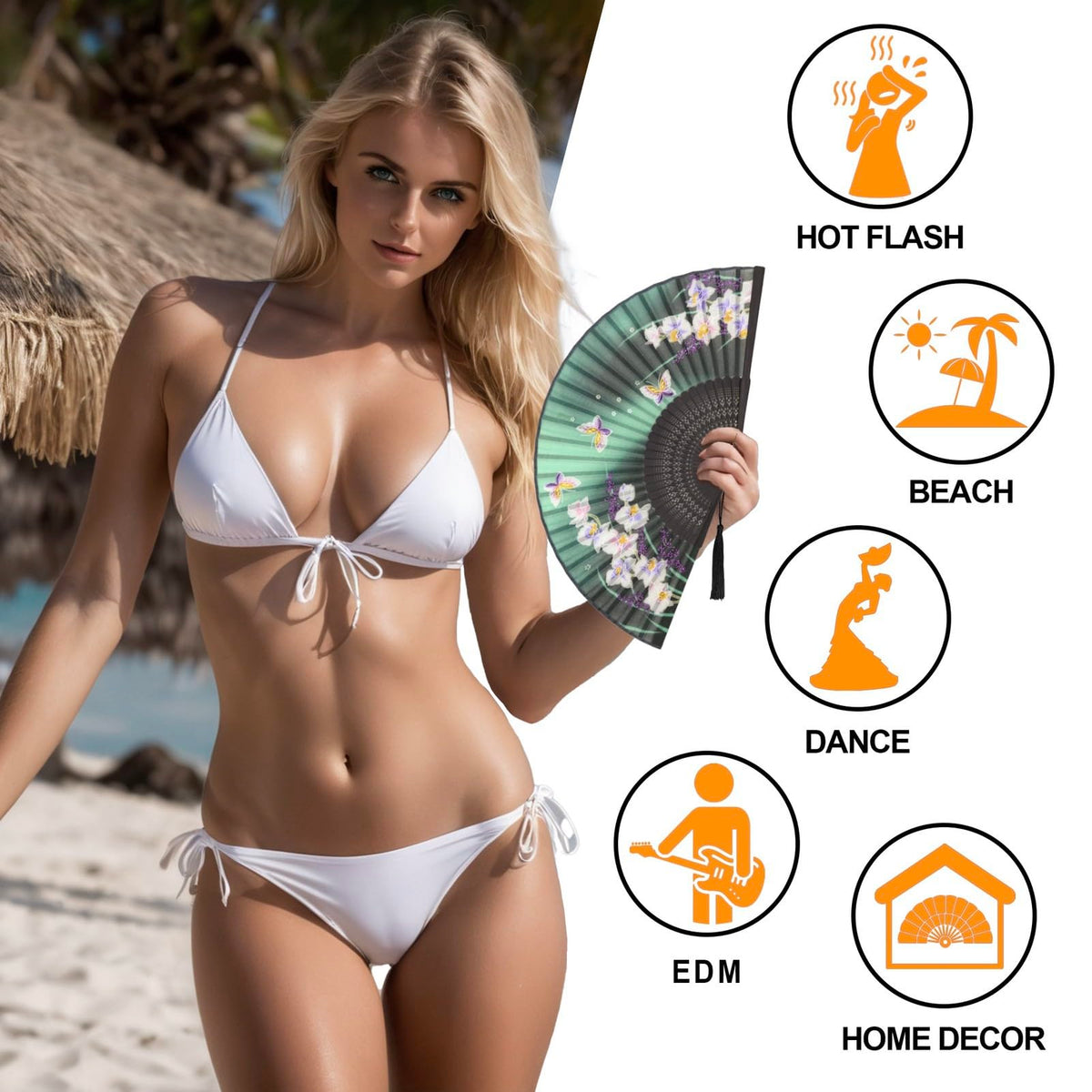 Folding Hand Fan for Women (Green Orchid)