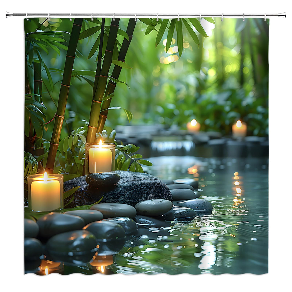 Zen Spa Shower Curtain Bamboo Stone Candle Nature Water Reflection Calming Meditation Fabric Bathroom Decor Set with Hooks (Green Black / 70"W x 84"L (Pack of 1))