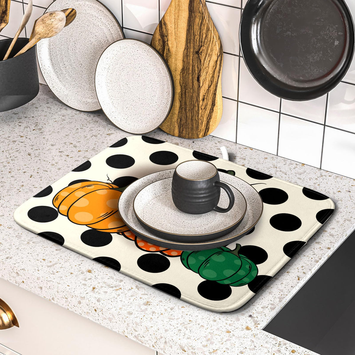 Autumn Pumpkin Dish Drying Mat for Kitchen Counter (Pumpkin and Black Dot230807 / 16" x 18")