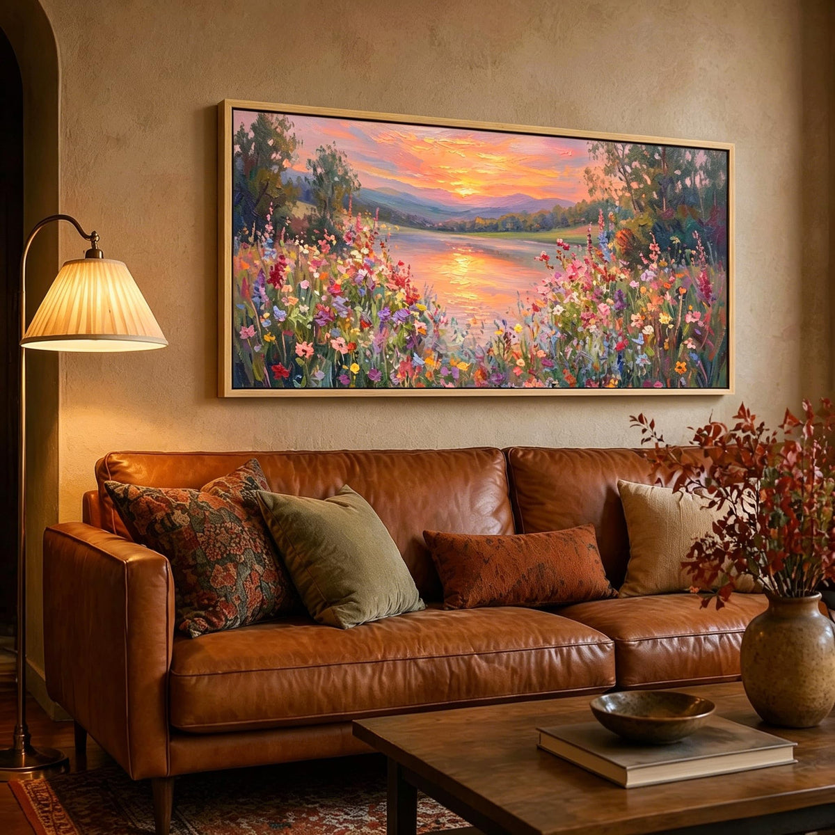 Large Floral Landscape Wall Art Wildflower Meadow Lake Sunset Painting Picture Colorful Botanical Flower Nature Canvas Wall Decor Distant Mountain Forest Print Artwork for Living Room Bedroom (Sunset / 32"L x 16"W)
