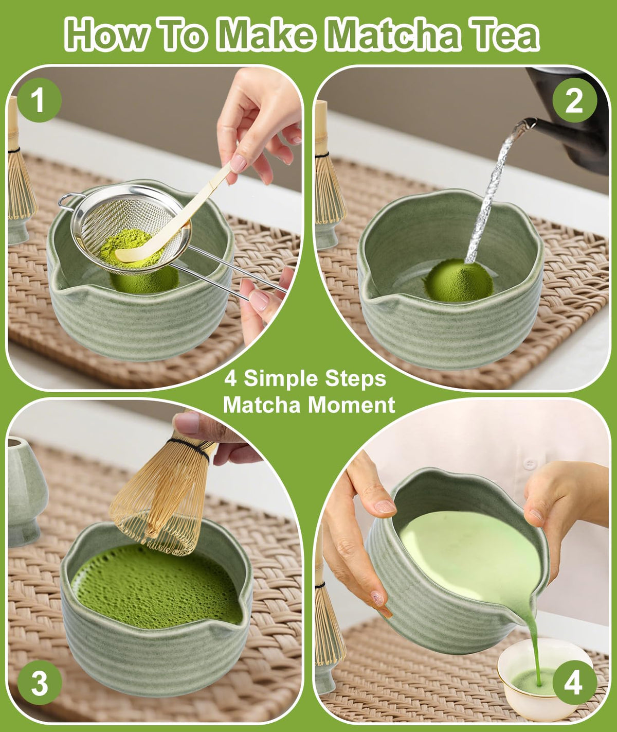 Matcha Set with 17oz Ceramic Bowl (Mottled Green)