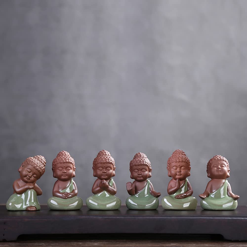 6pcs Set Ceramic Tiny Cute Baby Buddha Statue Collection Monk Figurine Cute Buddha Babies Adorable Baby Buddha Monk Home Decoration Zen Decor Peaceful Rulai Figurines (Collection)