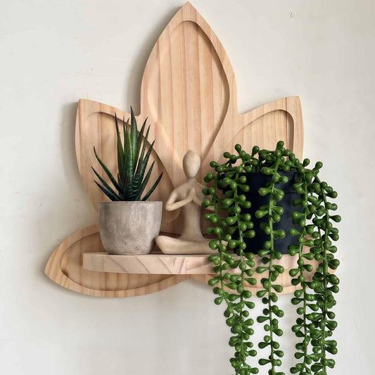 Small Carved Lotus Flower Wooden Floating Wall Shelf (Natural)