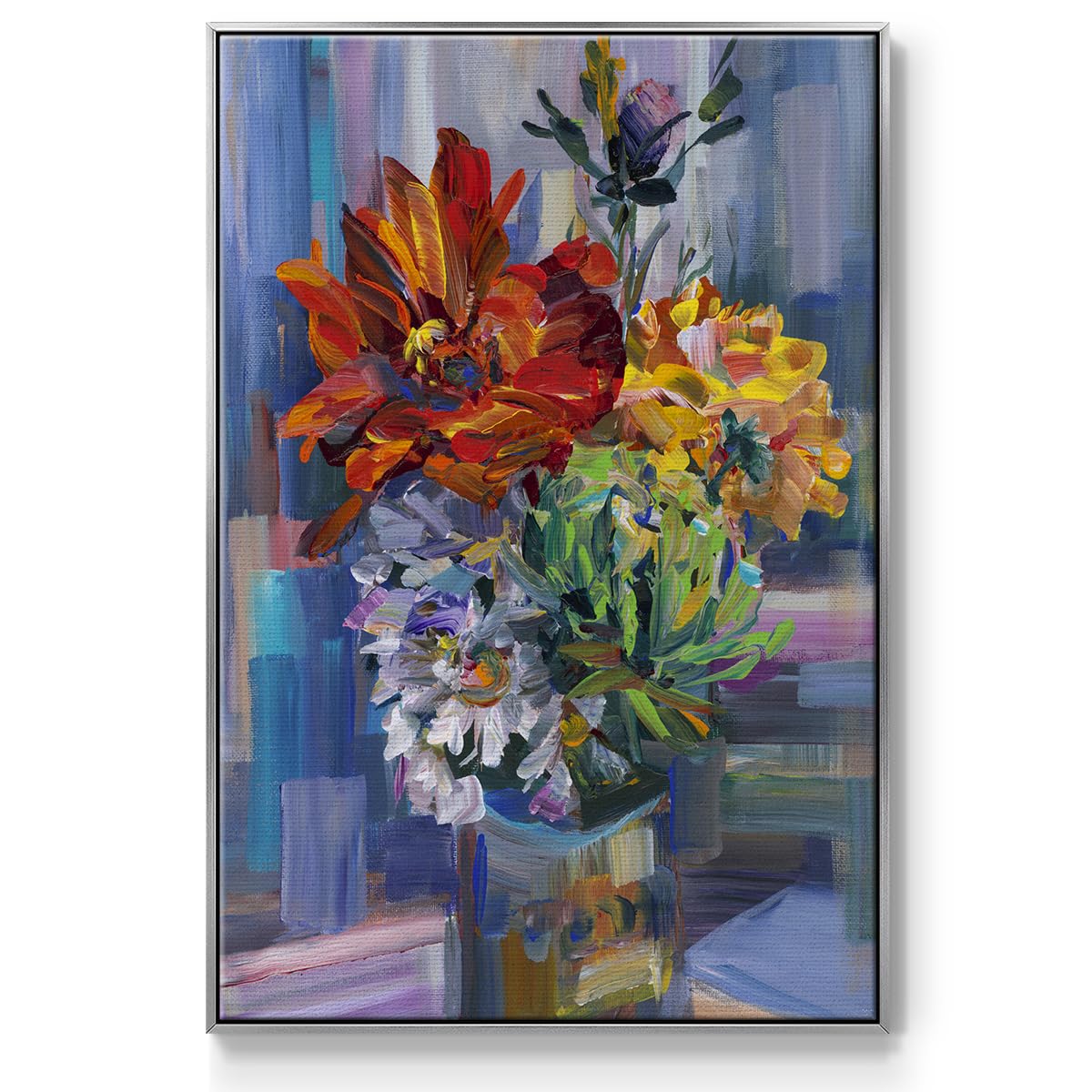Abstract Wall Art Silver Floating Frame Paintings Multicolor Pastel Flowers in a Vase Canvas Hanging Artwork Prints for Bedroom Office Kitchen (41"L x 27"W / Modern Bouquet)