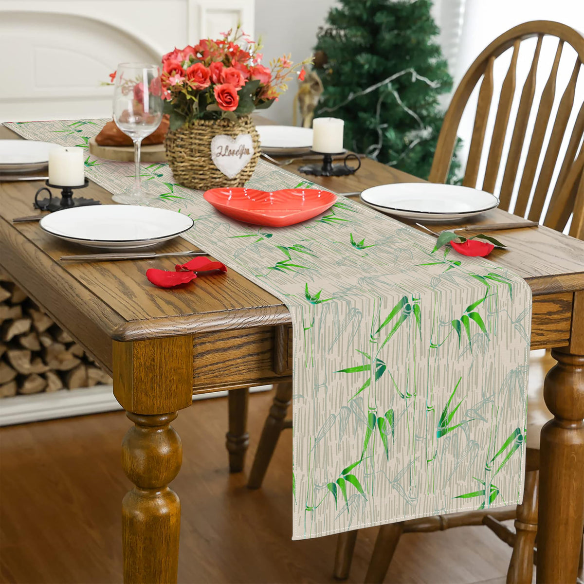 Bamboo Print Linen Table Runner (13x36inch / Green Bamboo)