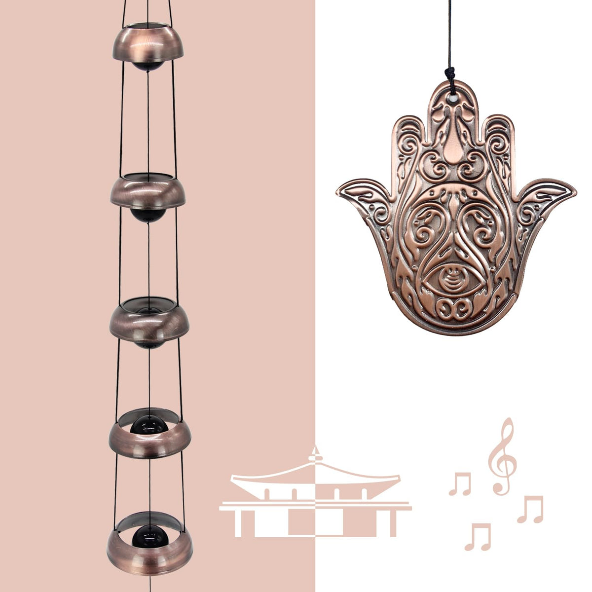 Copper Hand of God Temple Wind Chime for Porch (5 Buddha Bell)