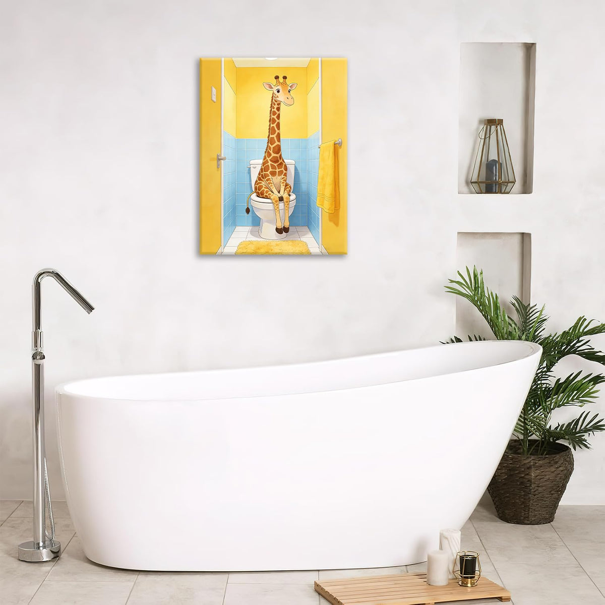 Bathroom Giraffe Canvas Wall Art Funny Toilet Print Framed ArtWork 12"x16" (Funny Giraffe / 16"L x 12"W)