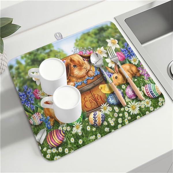 Easter Bunnies Eggs Dish Drying Mat for Kitchen Counter (Bunnies / 16" x 18")