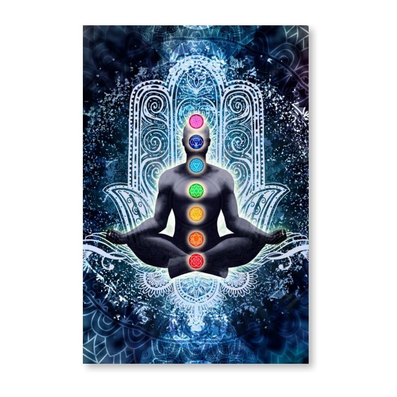Seven Chakras on Blue Background Meditation Yoga Hd Print Canvas Wall Art Spiritual Healing Gifts for Family and Friends Bedroom Room Zen Decor Framed 8"X12" (12"L x 8"W / Frame-3)