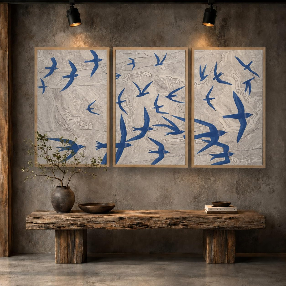 Abstract Blue Bird Wall Art Japandi Texture Flying Bird Canvas Print (Blue Swallows / 16 X 24 Inches)