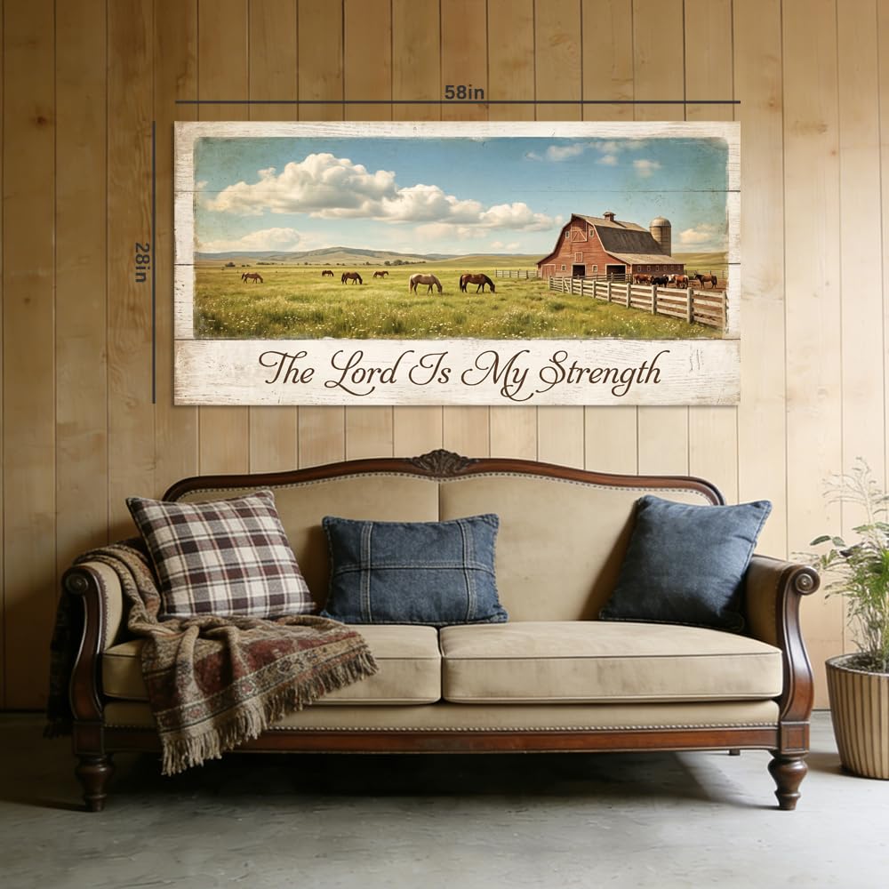 Rustic Countryside Horse Pasture Canvas Wall Art Red Barn Landscape Painting The Lord Is My Strength Christian Print Gallery Wrapped Farmhouse Nature Artwork for Living Room Bedroom Bathroom Decor (Abstract / White Barn Pasture 21 / 58"L x 28"W)