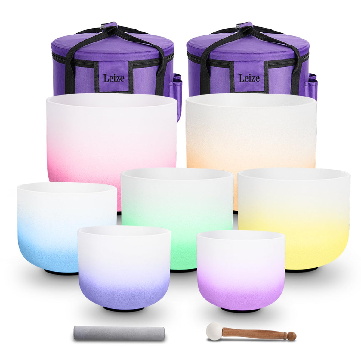 Chakra Tuned 432hz Set of 7 Gradient Color Quartz Crystal Singing Bowls 6 (Set of 7, 6-12 inches / Gradient 7 Color)