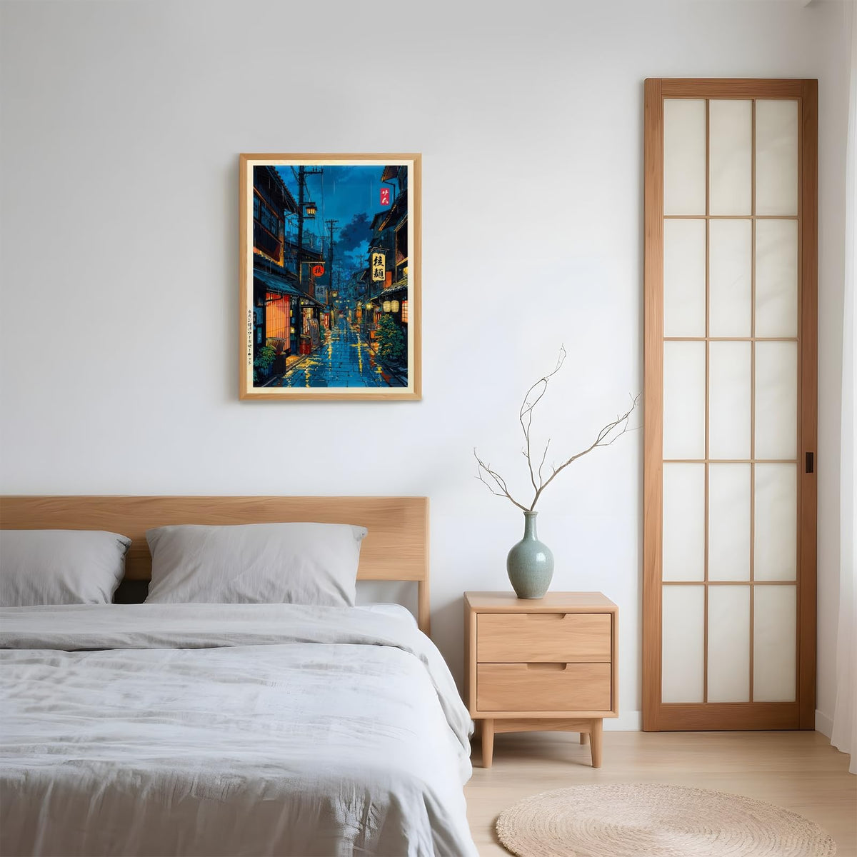 Japanese Tokyo Tea House Wall Art Poster Kyoto Night Street Art Canvas Print Retro Japan Illustration Wall Decor Vintage Urban Street Scene for Bedroom Living Room Aesthetic 16x24inch Wood Frame (16"L x 24"W / style-1 Wood Frame)