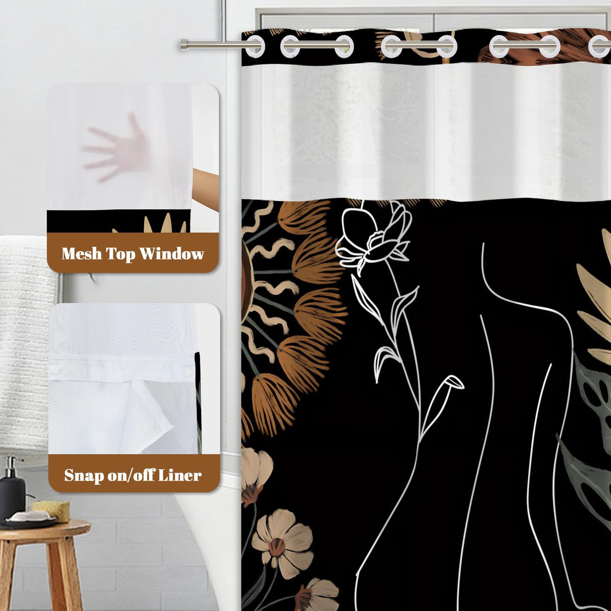 Abstract Boho Shower Curtain with Snap in Liner & Mesh Top Window (Abstract-3)