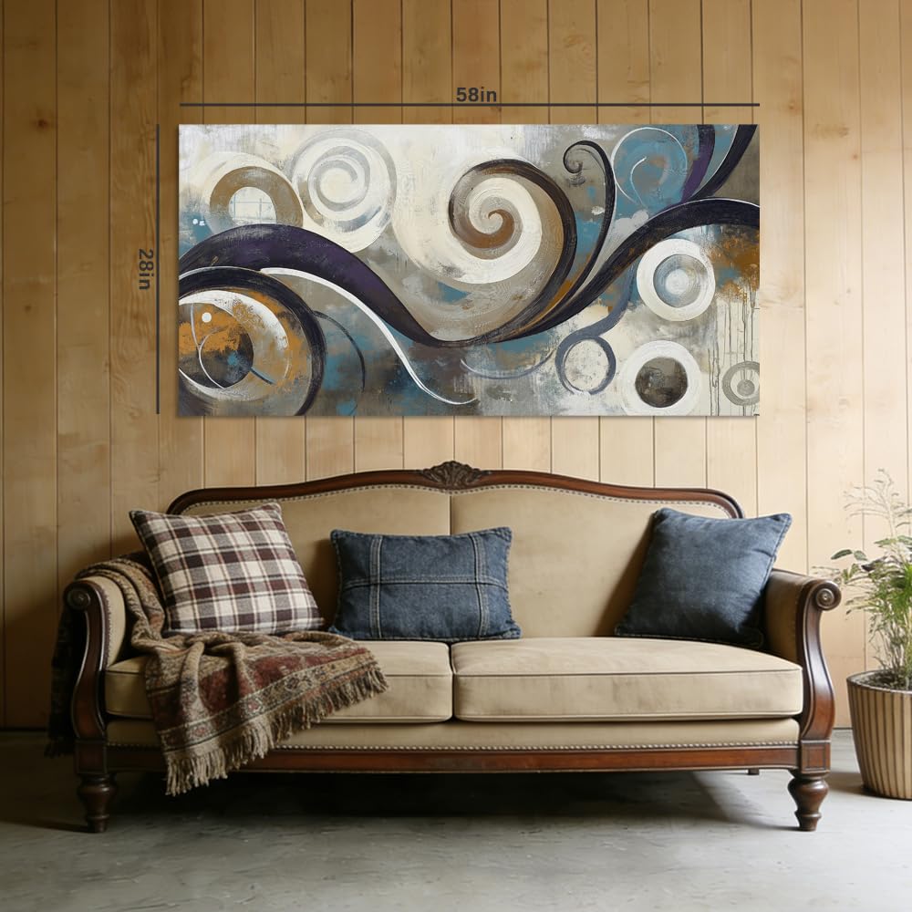 Teal Brown Swirl Geometric Canvas Wall Art Modern Abstract Painting Flat Print Gallery Wrapped Contemporary Artwork for Living Room Bedroom Bathroom Decor (Abstract / Blue Swirl 12 / 46"L x 23"W)
