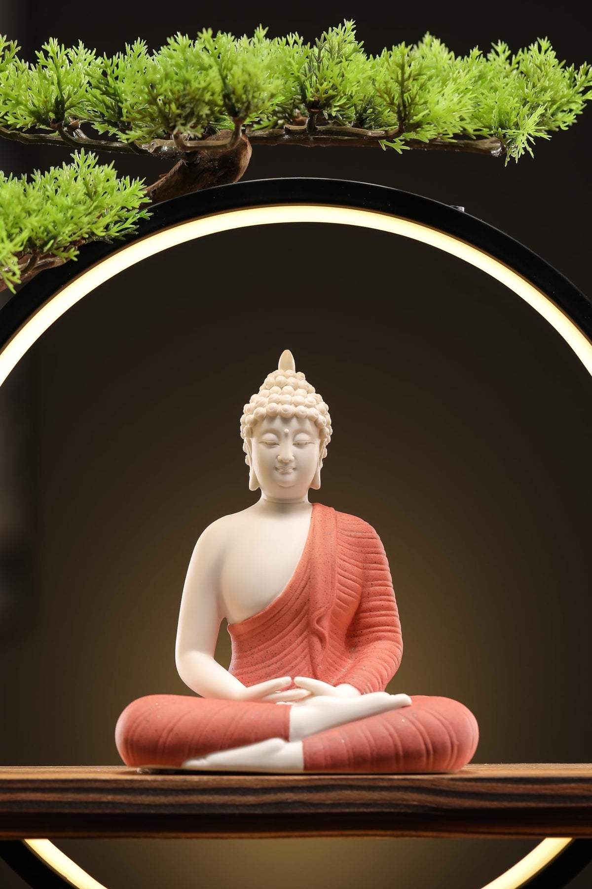 Red Buddha Statue with Green Artificial Tree and LED Circle Table Lamp (Red)