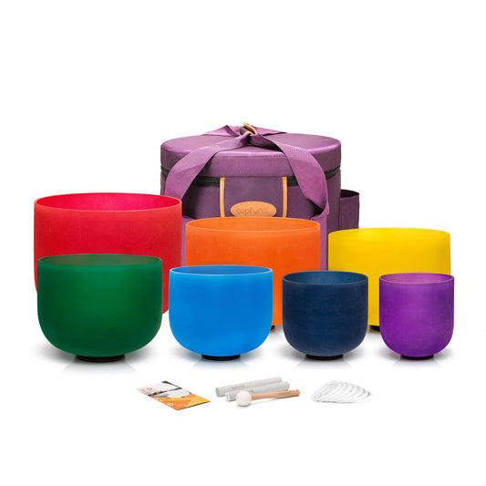 6 14 inch 440Hz Chakra Set of 7 Color Crystal Singing Bowls with Heavy Duty Carrying Case and Singing Bowl Mallets (6-14 inch / 440Hz Set of 7 Color Bowls)