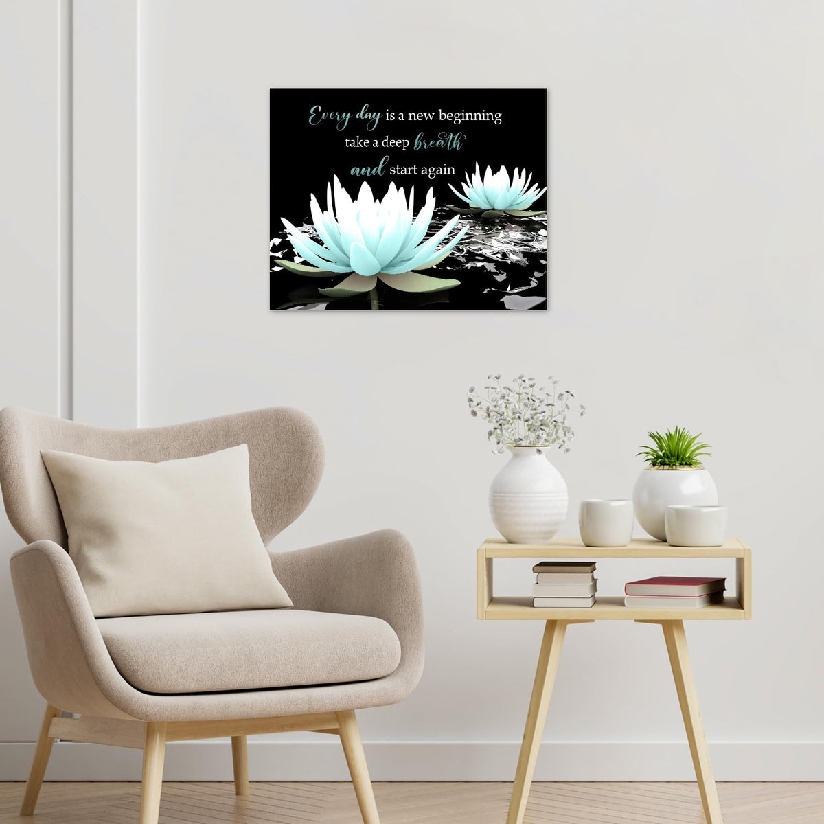 Teal Floral Wall Art Inspirational Quotes with Water Lily Canvas Wall Art for Living Room Zen Yoga Spa Black Wall Decor for Bedroom Bathroom Home Office Ready to Hang 8L x 10W Inch (Teal / 8"L x 10"W)