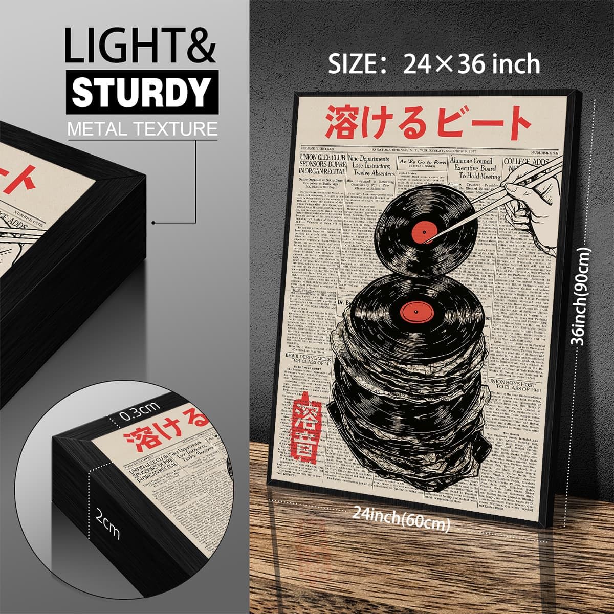 Black Framed Wall Art Retro Japanese Newspaper Music Prints Posters 24x36in Vintage Vinyl Records Asian Ukiyo (Black Framed / Japanese Art 008 / 36"L x 24"W)