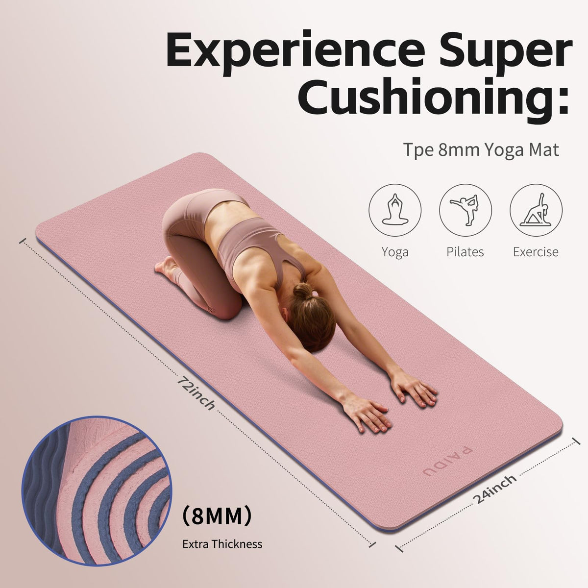 TPE Yoga Mat 8mm Thick Non (Deep Pink&Grey)