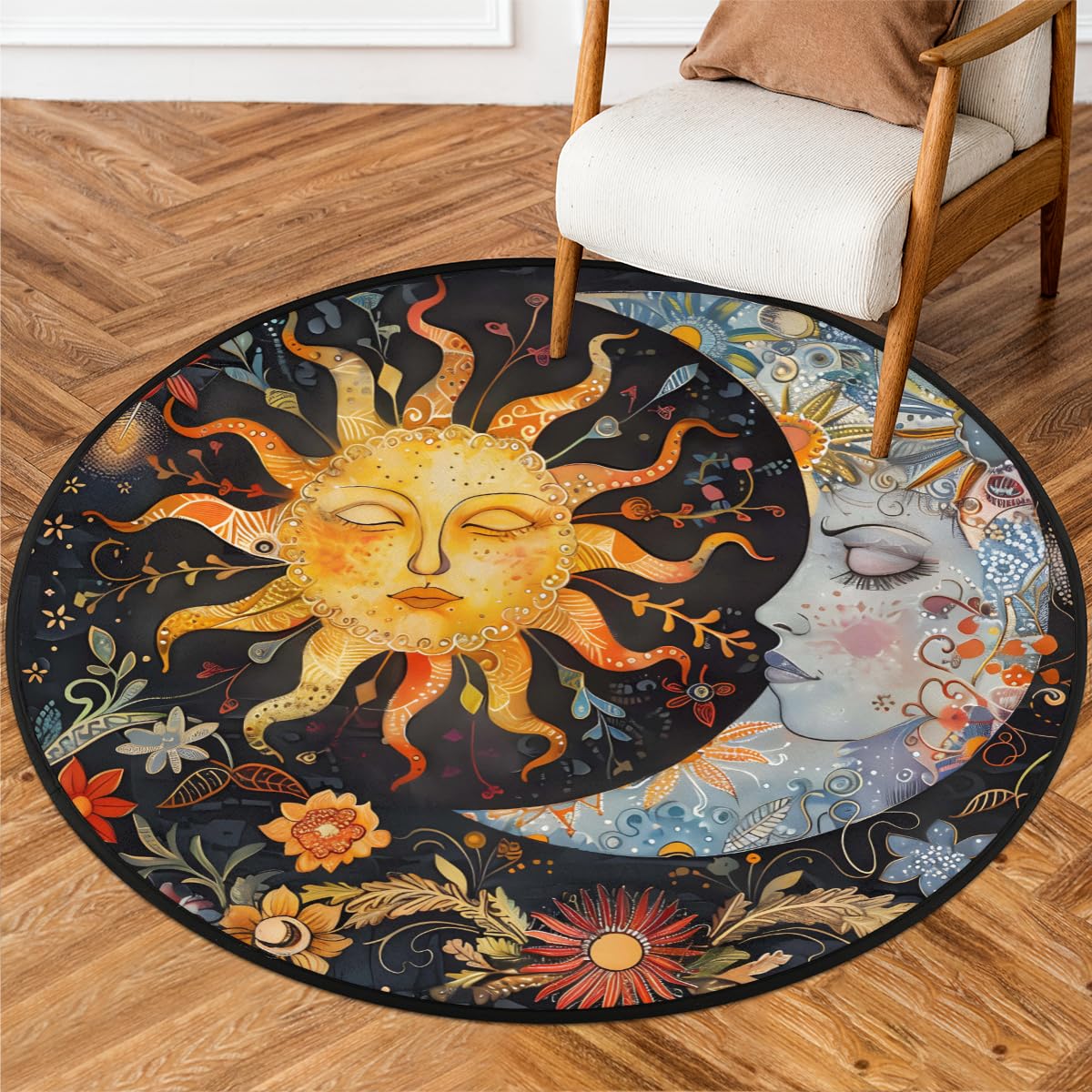 3 Ft Moon Sun Round Rug Circle Area Rugs Circular Door Mat for Indoor (A:a-2 / 3'3" (Round))