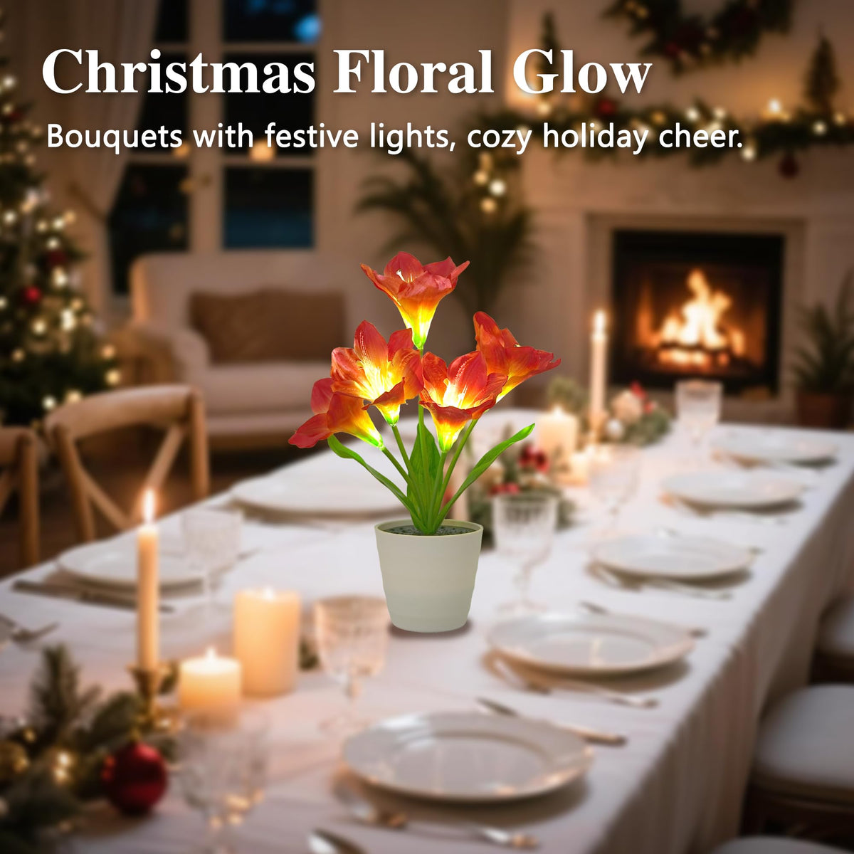 Artificial Red Amaryllis Flower Lamp Night Light for Bedroom Bar Coffee Shop Wedding Decor (Lily-Red)