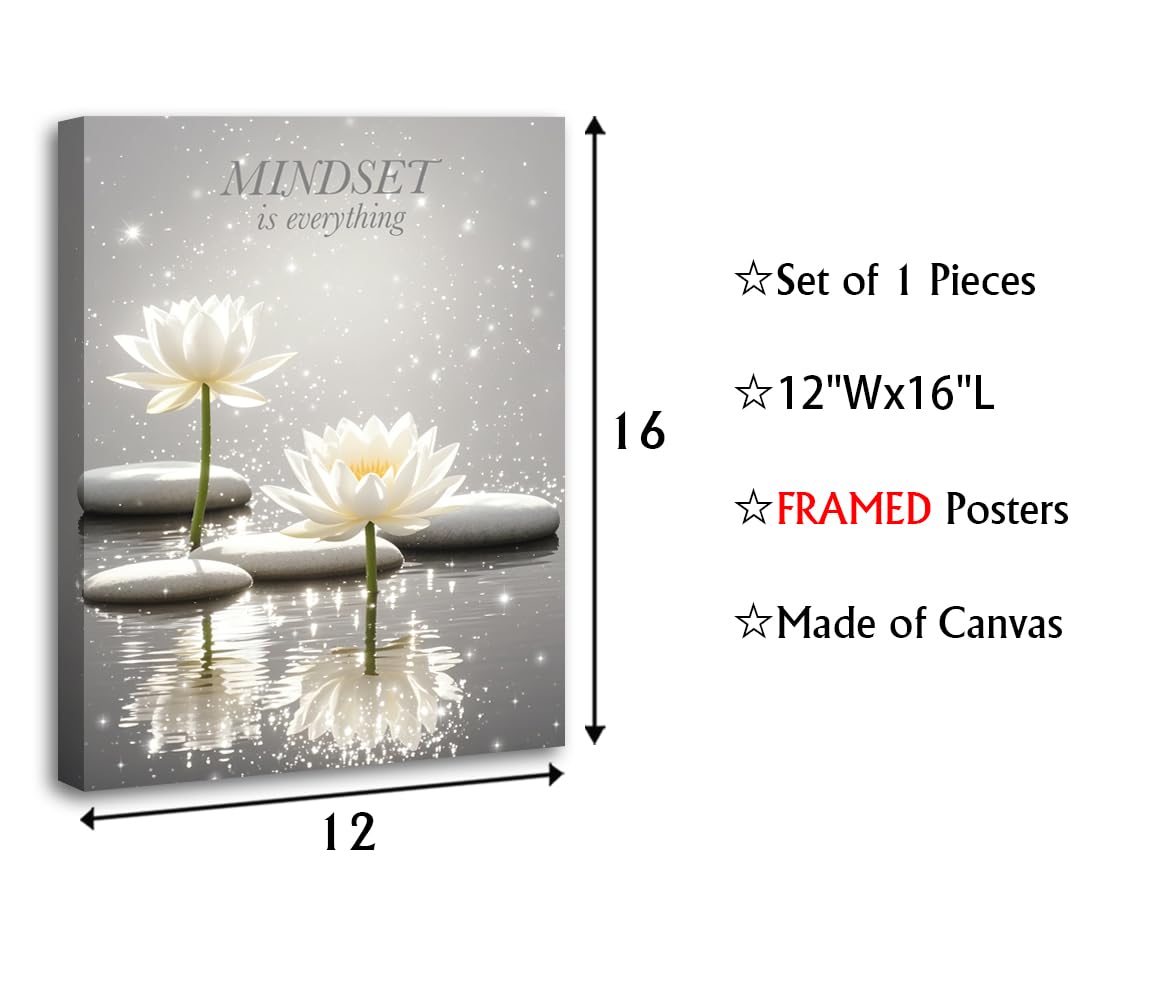 Lotus Floral Mindset Motivational Quotes Poster for Zen Office Wall Decor (Framed 12"X16"- Canvas Prints Art Lotus Floral)