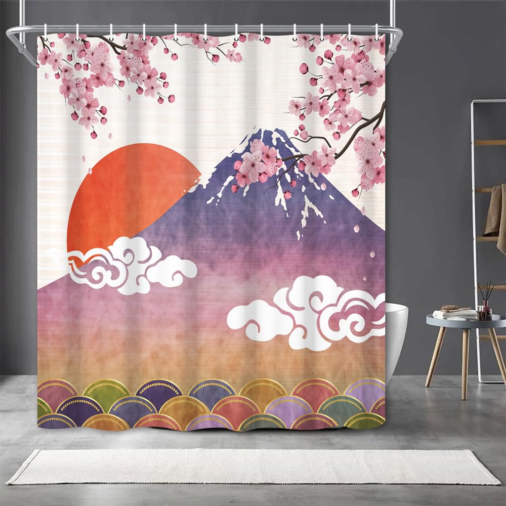 Japanese Cherry Blossom Shower Curtain Set for Bathroom Asia Cherry Blossom Shower Curtain Sun Clouds Pink Purple Fuji Mountain Sea Ocean Wave Spring Floral Flowers Waterproof Fabric (72"W x 78"L (Pack of 1) / Pink Purple)