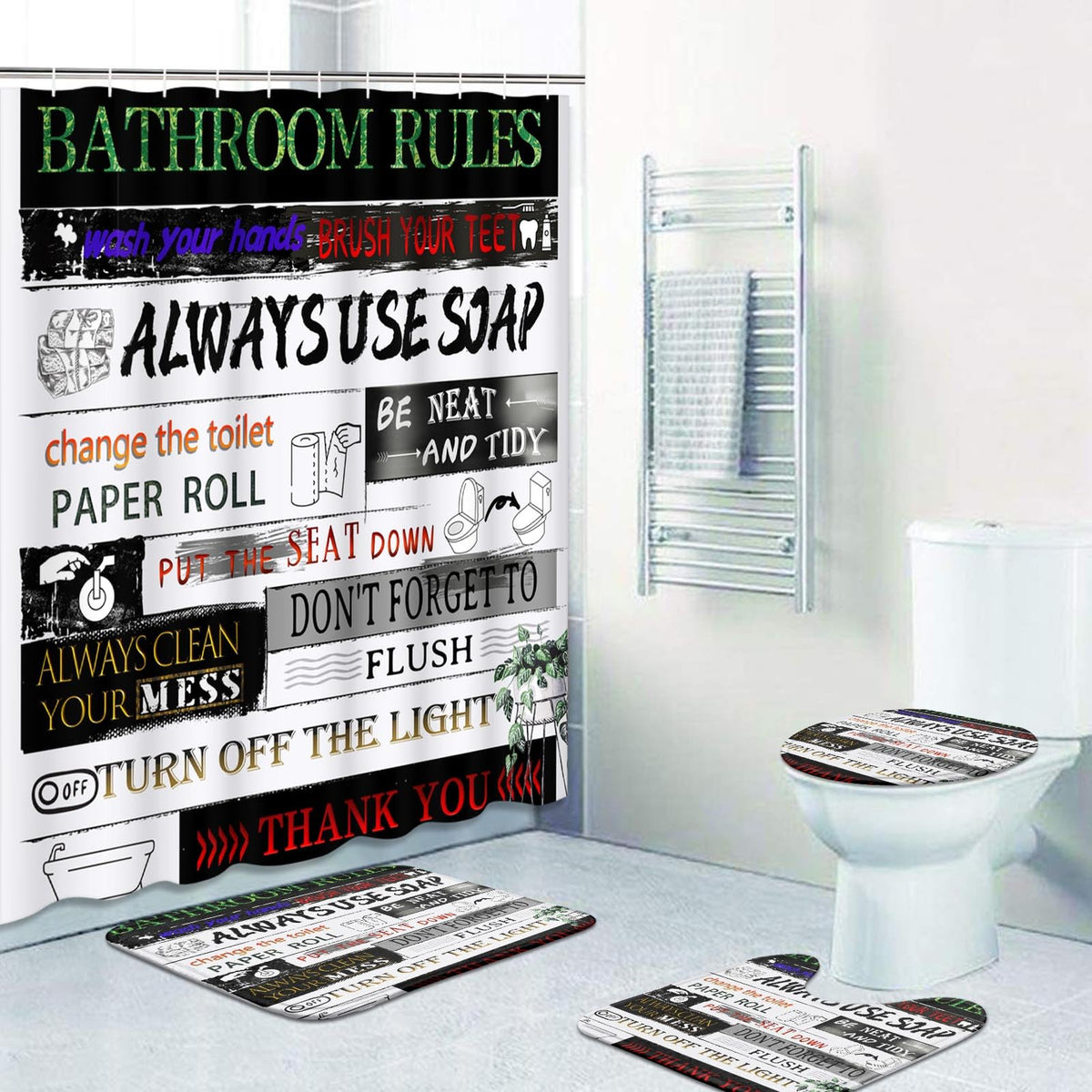 Bathroom Sets with Shower Curtain and Rugs Set of 4 Colorful (Bathroom Rules)