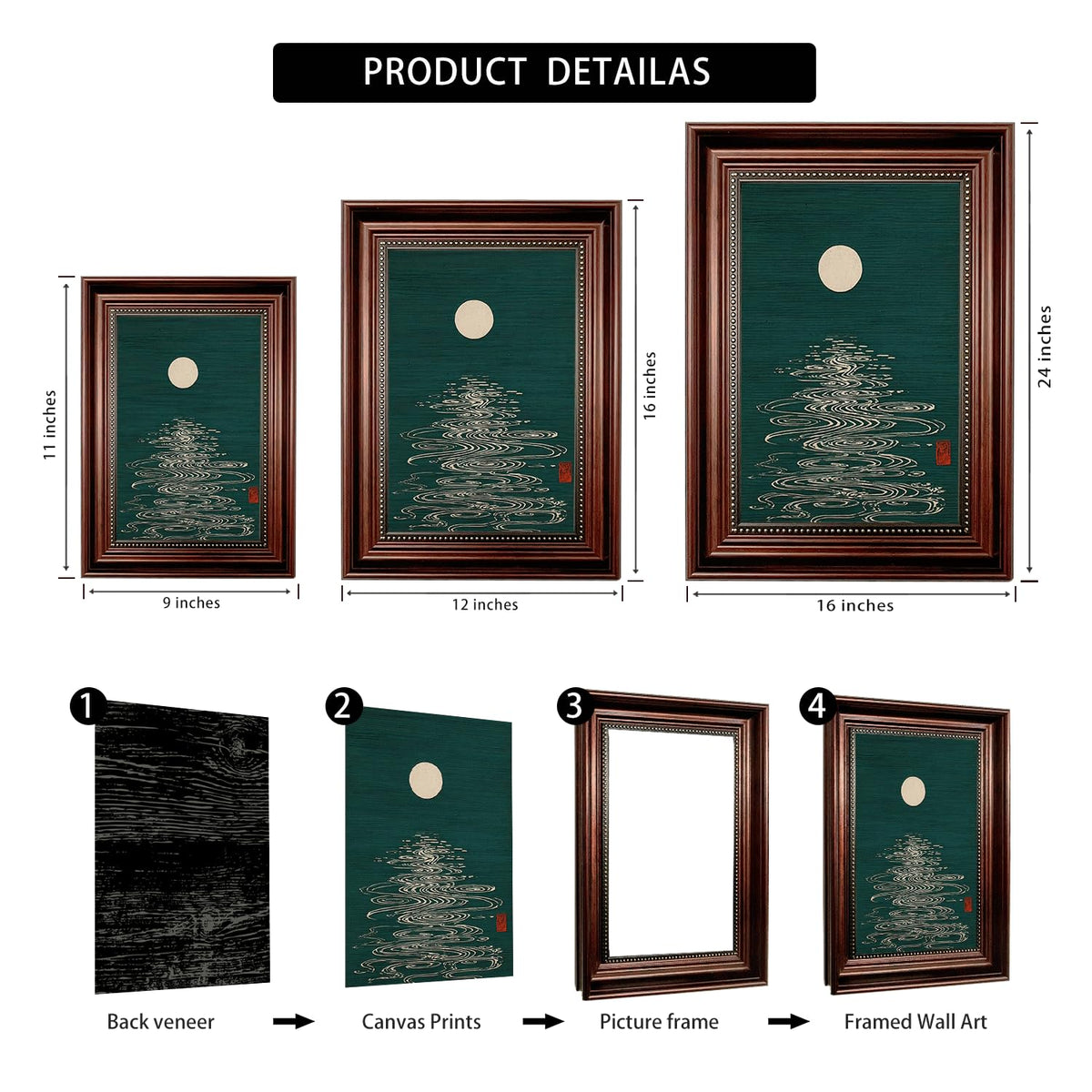 Dark Brown Framed Japanese Moon Canvas Wall Art 12x16 in (Japanese Moon / 16"L x 12"W)