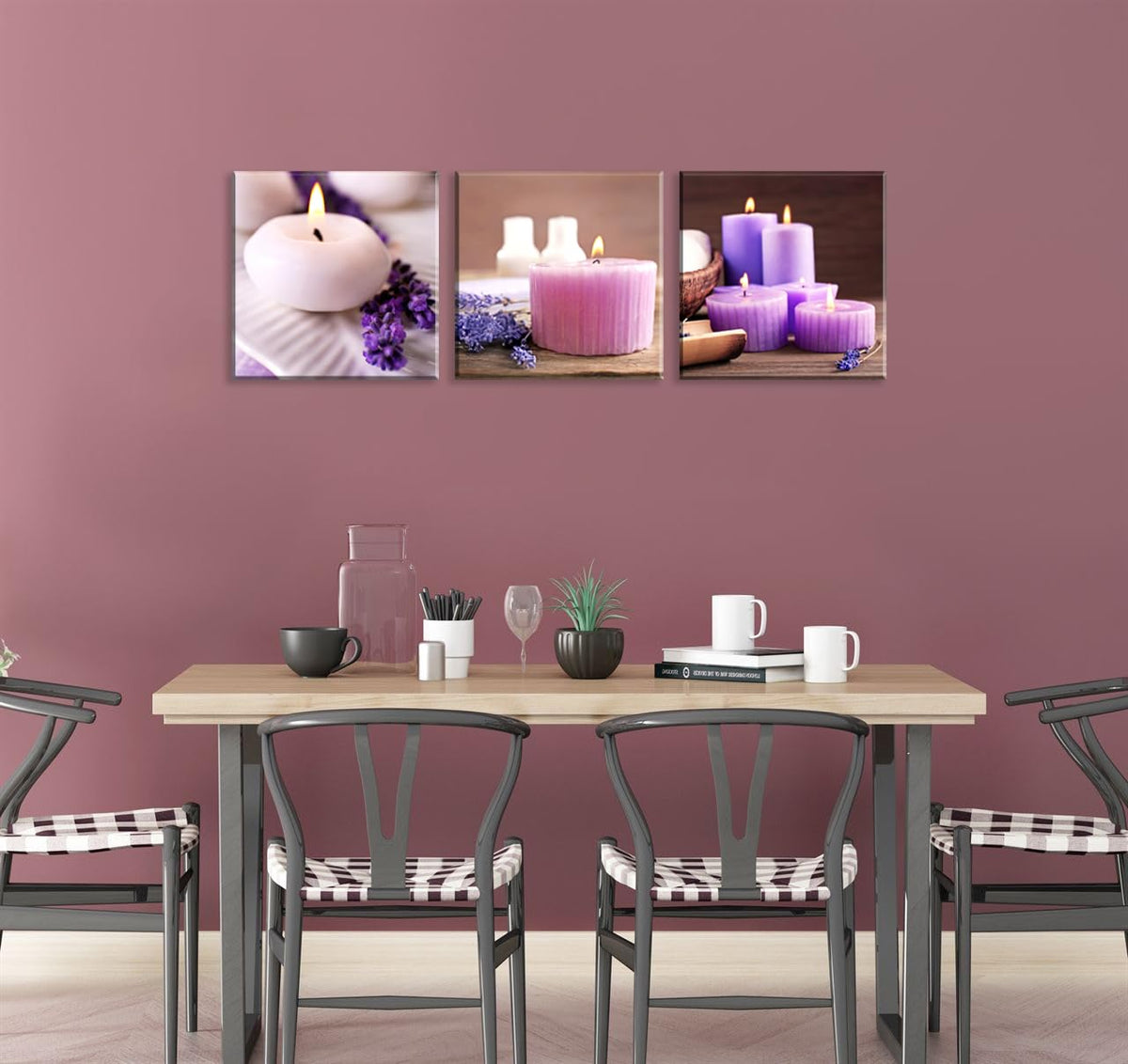 Zen Canvas Wall Art Spa Still Life with Lavender Aromatherapy Candles and Zen Stone Aroma Lavender Flower Painting Pictures Print on Canvas Ready to Hang for Bathroom Decoration (12X12inchX3pcs / lavender candles)
