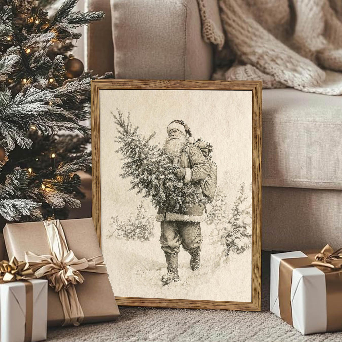 Vintage Christmas Wall Art (Black and White Santa Claus / 24"L x 16"W)