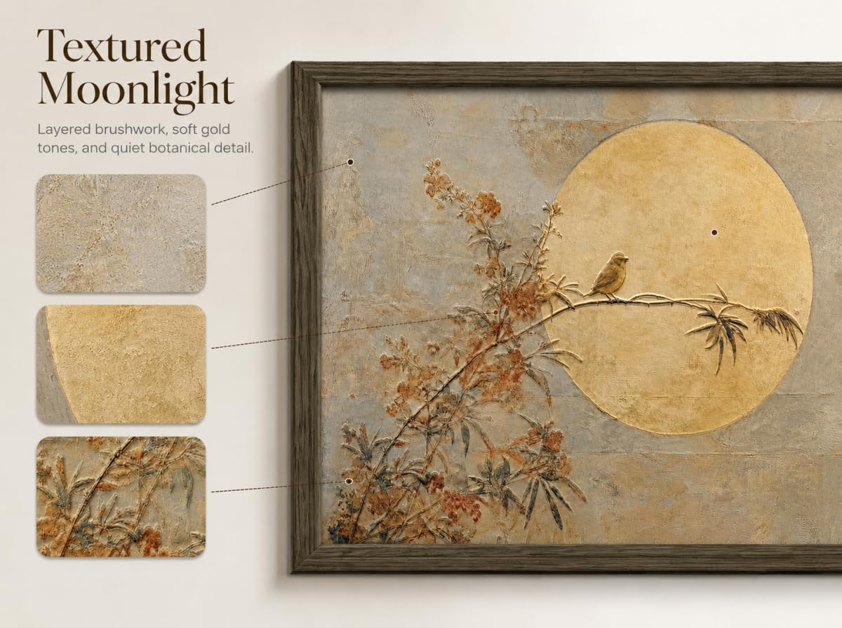 Vintage Japandi Framed Wall Art (Bird Full Moon / 10"L x 8"W)