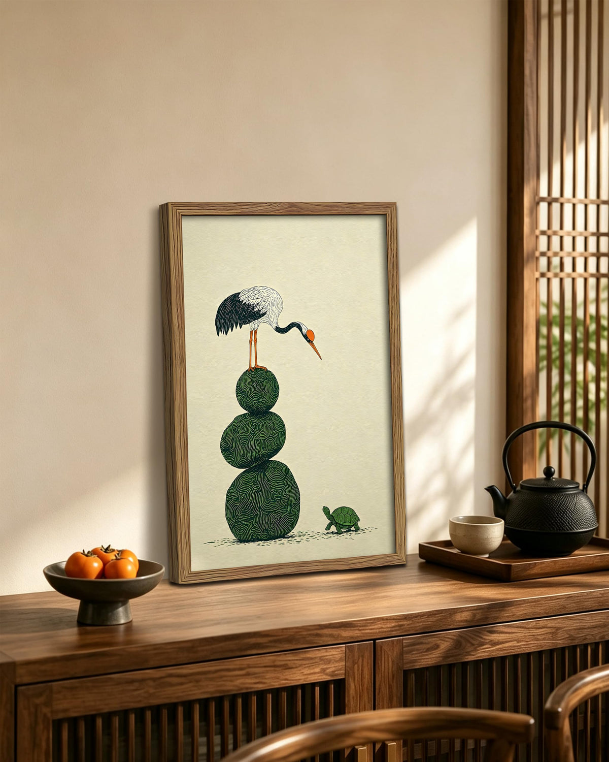 Framed Japanese Crane Wall Art 16x24 Inch (A-Green Turtle / 24"L x 16"W)