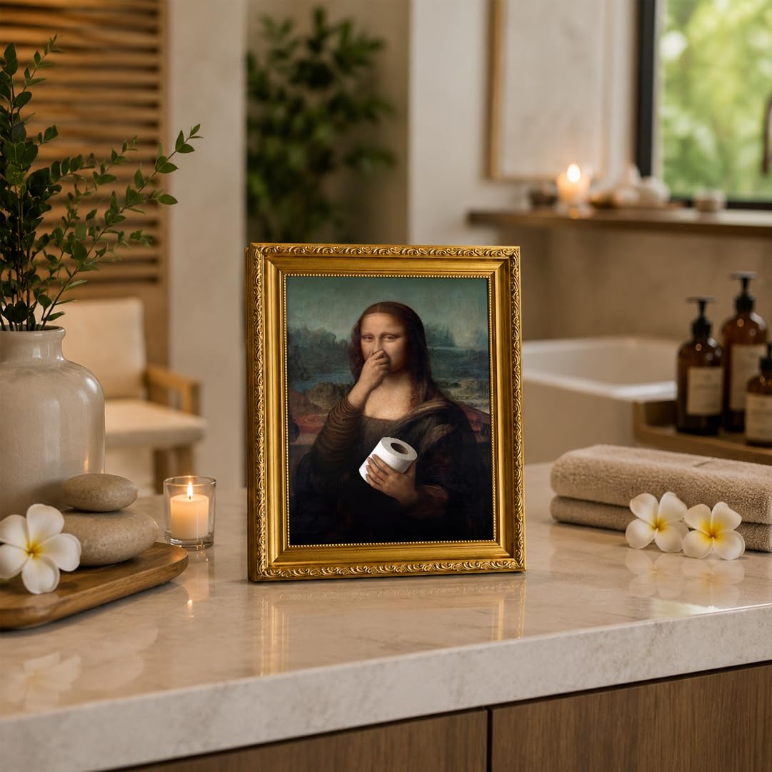 Gold Framed Bathroom Wall Art Mona Lisa Humor Amusing Toilet Art Pinching Nose Wall Decor Funny Vintage Painting Picture Print Whimsical Restroom 9x11 inch Small Framed (Mona Lisa / 11L" x 9W")