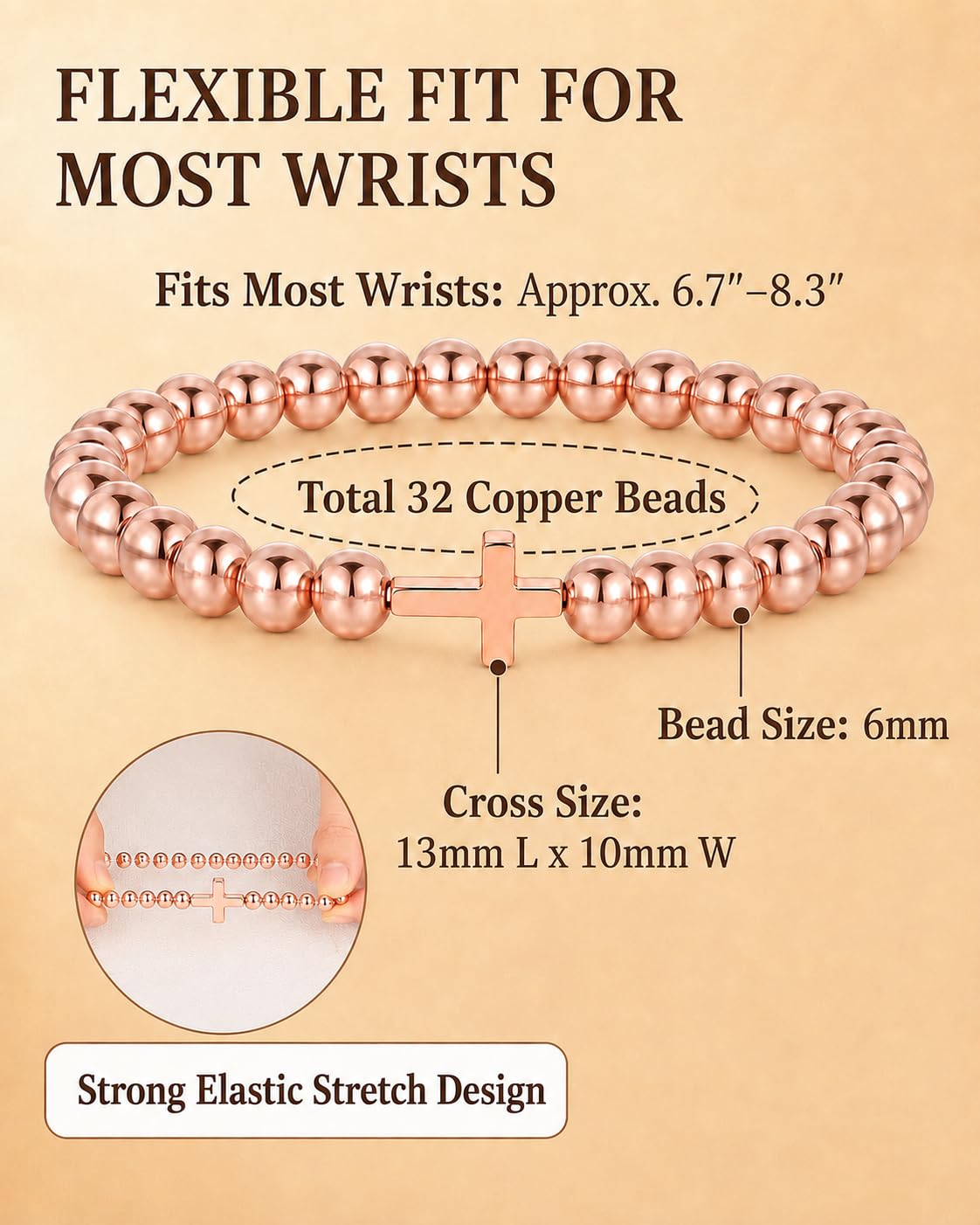 Copper Beaded Bracelet with Cross for Women Men (copper-cross)