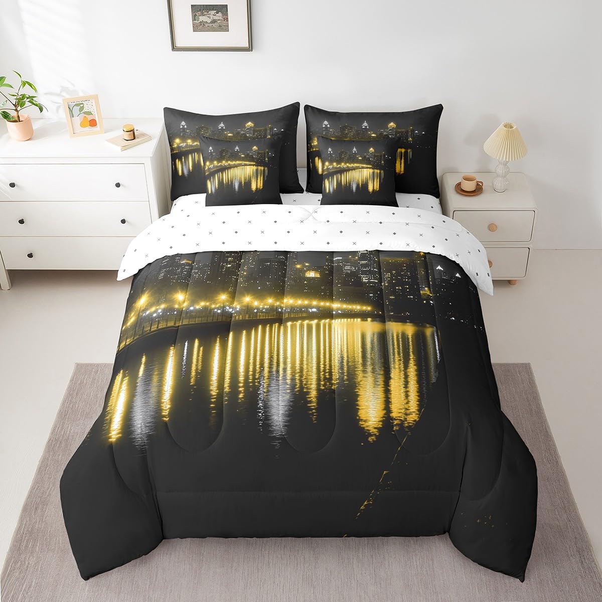 Golden Gate Bridge Comforter Set with Sheets Queen Size Kids Nightscape 7 Piece Bedding Set All Season Teens City Scenery Bed in A Bag Breathable Soft Lightweight Black Yellow Room Decor (Carbon Black Yellow / Queen)