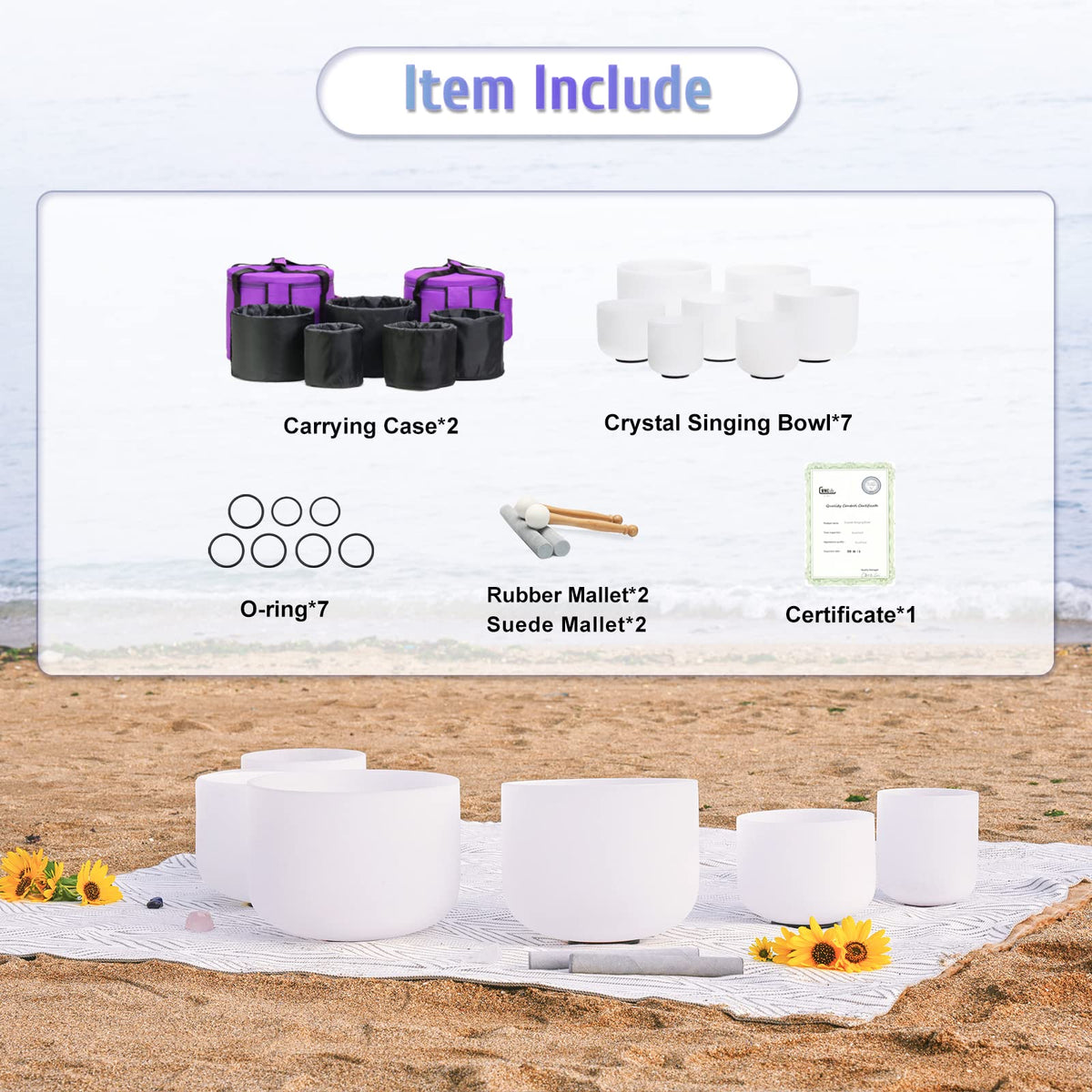 Crystal Singing bowl Set of 7 for Sound Healing White 6" (Off-white)