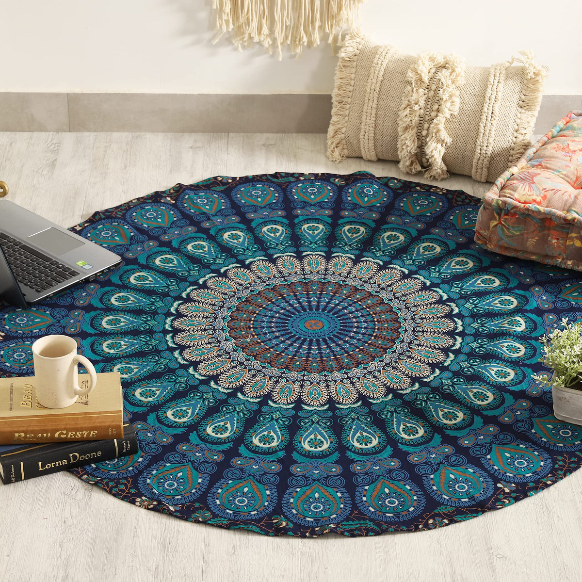 Round Tapestry Wall Hanging Ombre Hippie Mandala Bohemian Hippy Intricate Indian Tapestries Tablecloth 50 Inches (Neavy Blue / 50"L x 50"W)