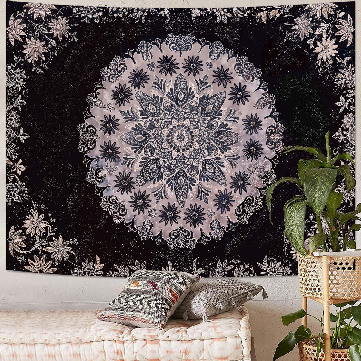 Boho Floral Mandala Tapestry Wall Hanging Grey Bohemian Flower Medallion Tapestry Aesthetic Gray Black Hippie Indian Small Tapestries for Bedroom Living Room Dorm Decor 80 x 60 Inch (Black Gray / 80"L x 60"W)