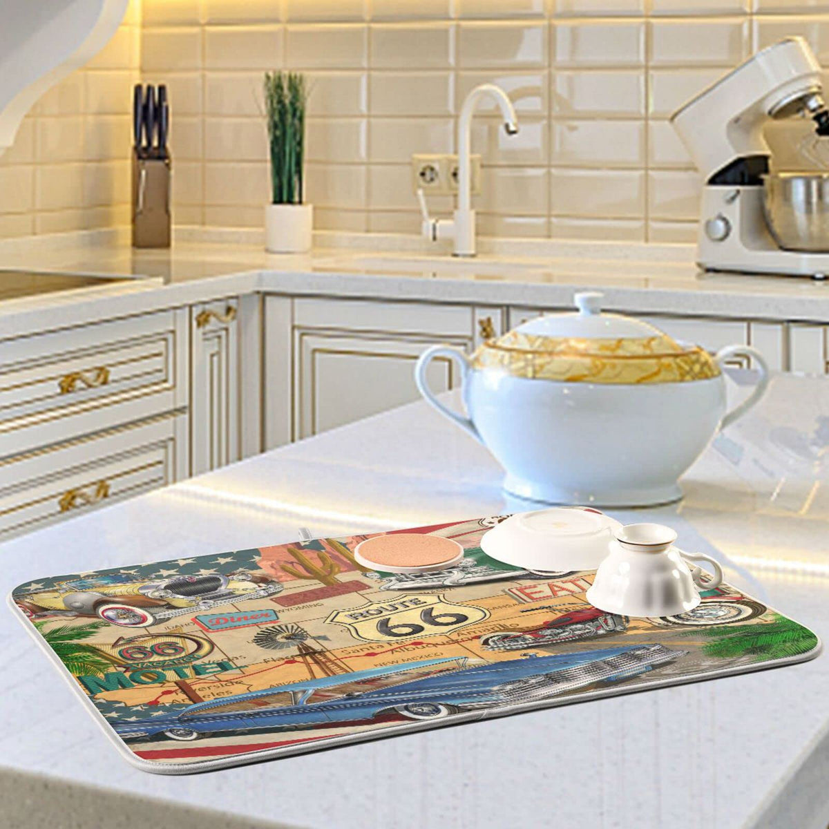 Super Absorbent Dish Drying Mat (Retro Route 66 Poster / 18" x 24")