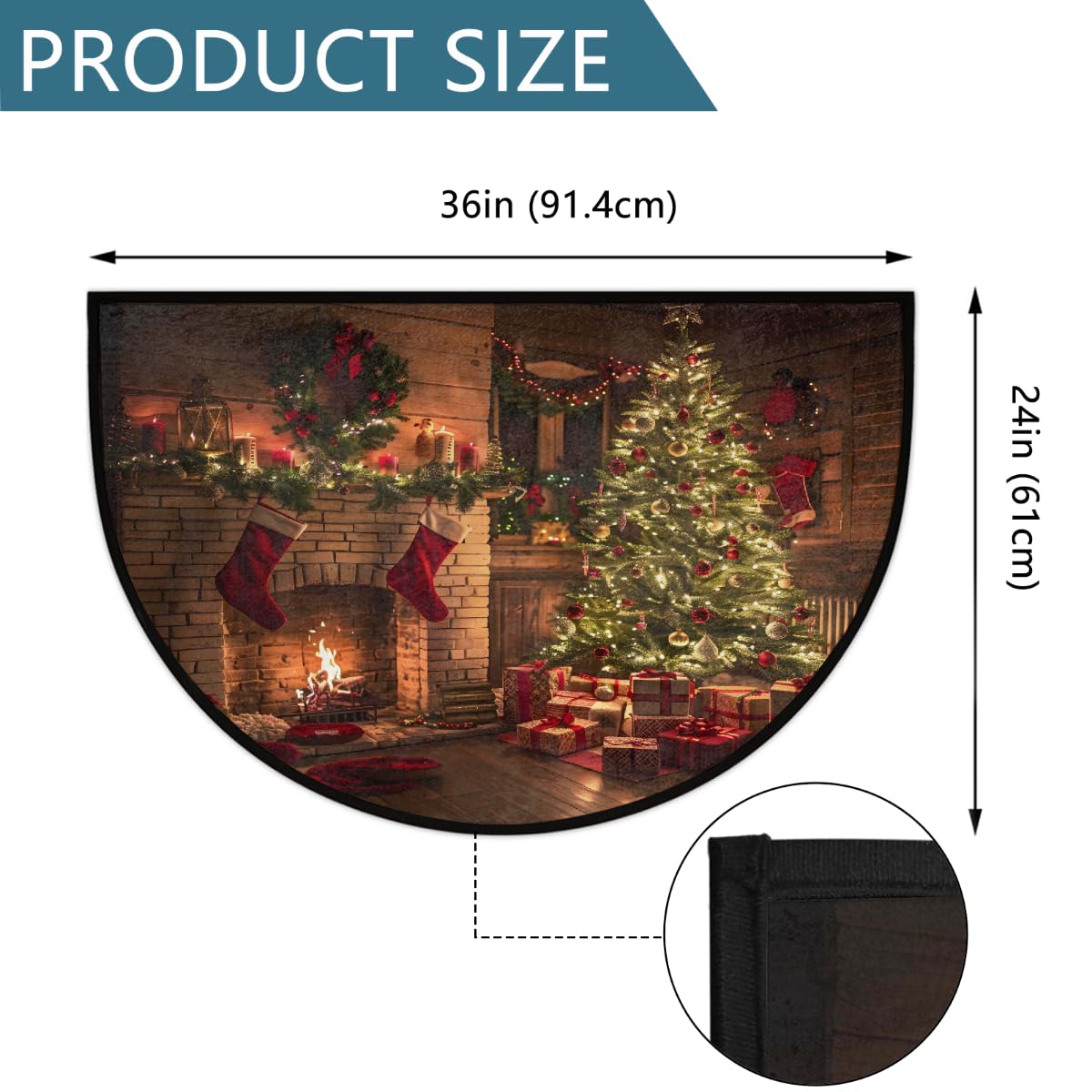 Half Round Doormat Christmas Fireplace Tree Decor Semi Circle Rug Non Slip Indoor Outdoor Entrance Half Moon Rug Washable Front Floor Mat for Kitchen Bathroom Patio Fireplace Holiday Decor A (Z:christmas 7)