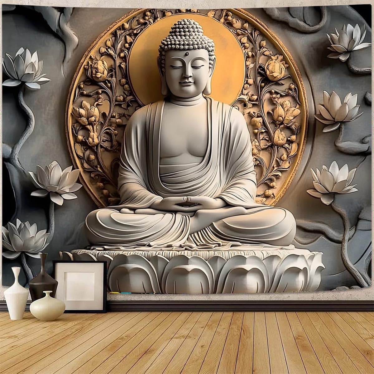 Vintage Sitting Buddha Tapestry Wall Hanging Buddhist Statue Tapestries Lotus Meditation Wall Decor Psychedelic Indian Zen Art for Bedroom Living Room Home Decor (Orange / 59"L x 39"W)