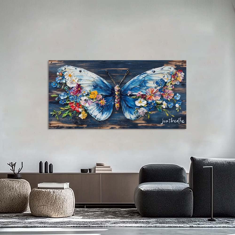 Blue Floral Butterfly Canvas Wall Art Just Breathe Inspirational Quote Painting Print Gallery Wrapped Rustic Wood Artwork for Living Room Bedroom Bathroom Decor (Wildlife / White Butterfly Flowers 4 / 40"L x 20"W)