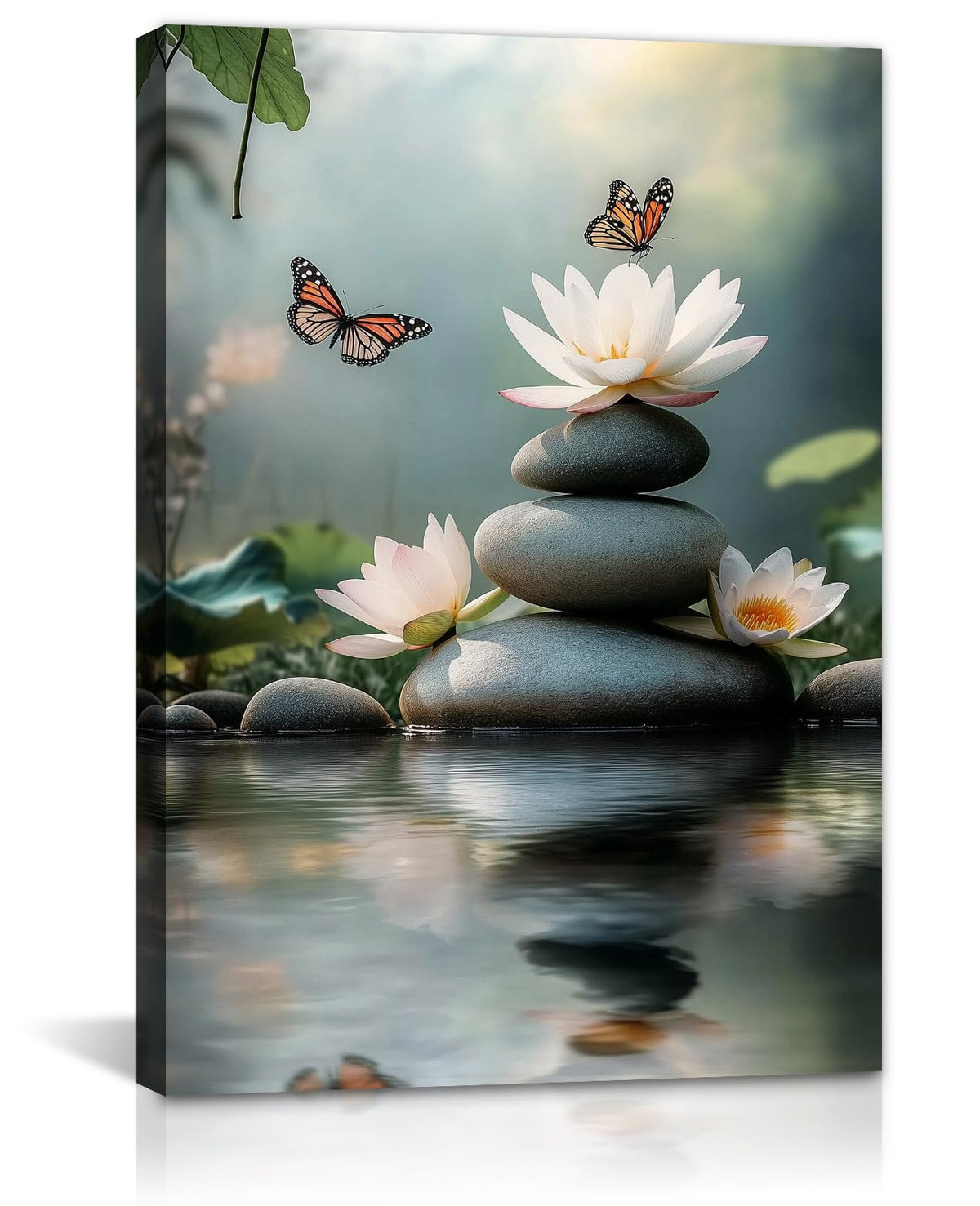 Zen Canvas Wall Art Butterfly White Lotus Picture Print Spa Stone in Water Painting Relaxing Spiritual Artwork for Bathroom Yoga Meditation Room Wall Decor (Artwork-2 / 24"L x 16"W)