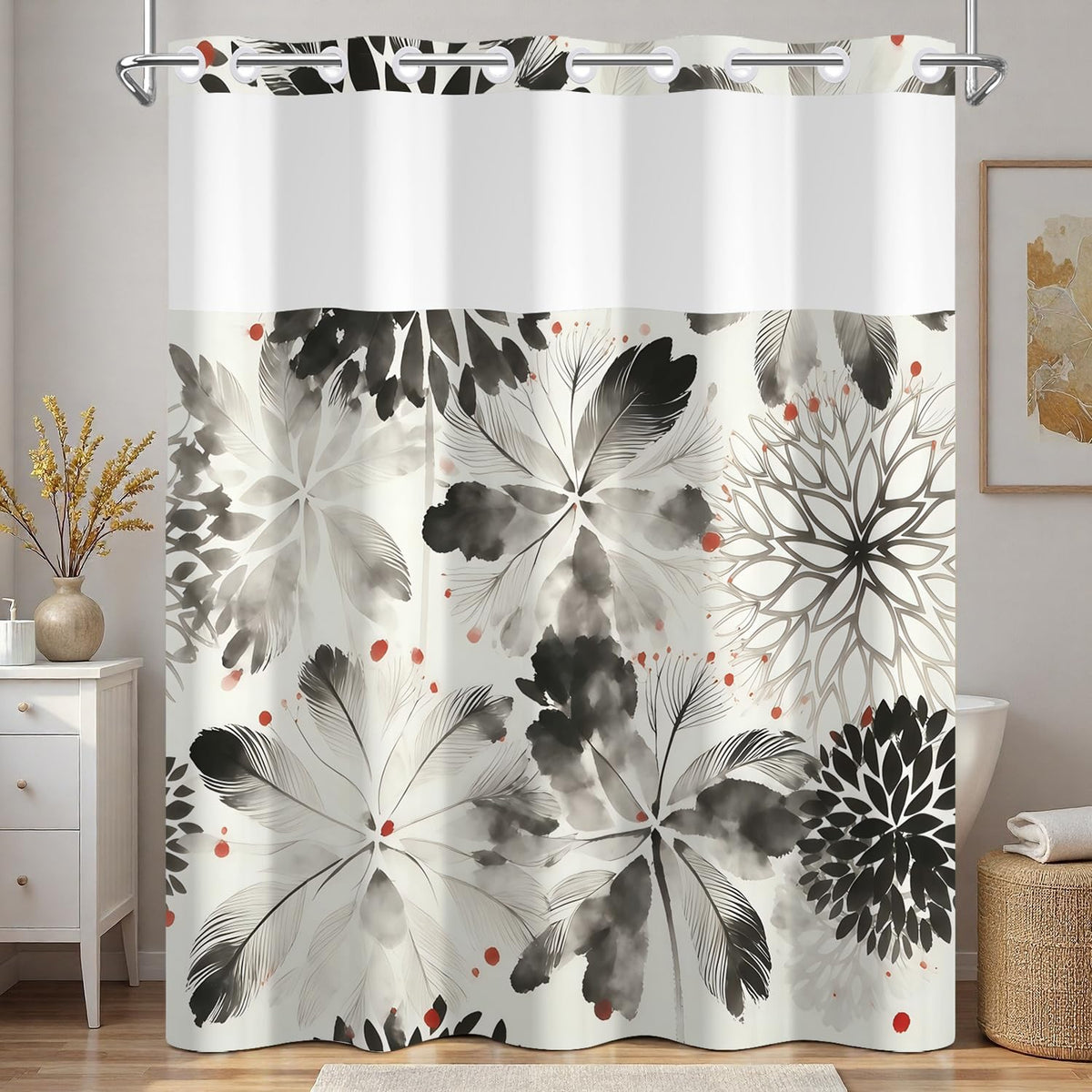 Black Floral Shower Curtain with Snap in Liner (Ink Wash Flower)