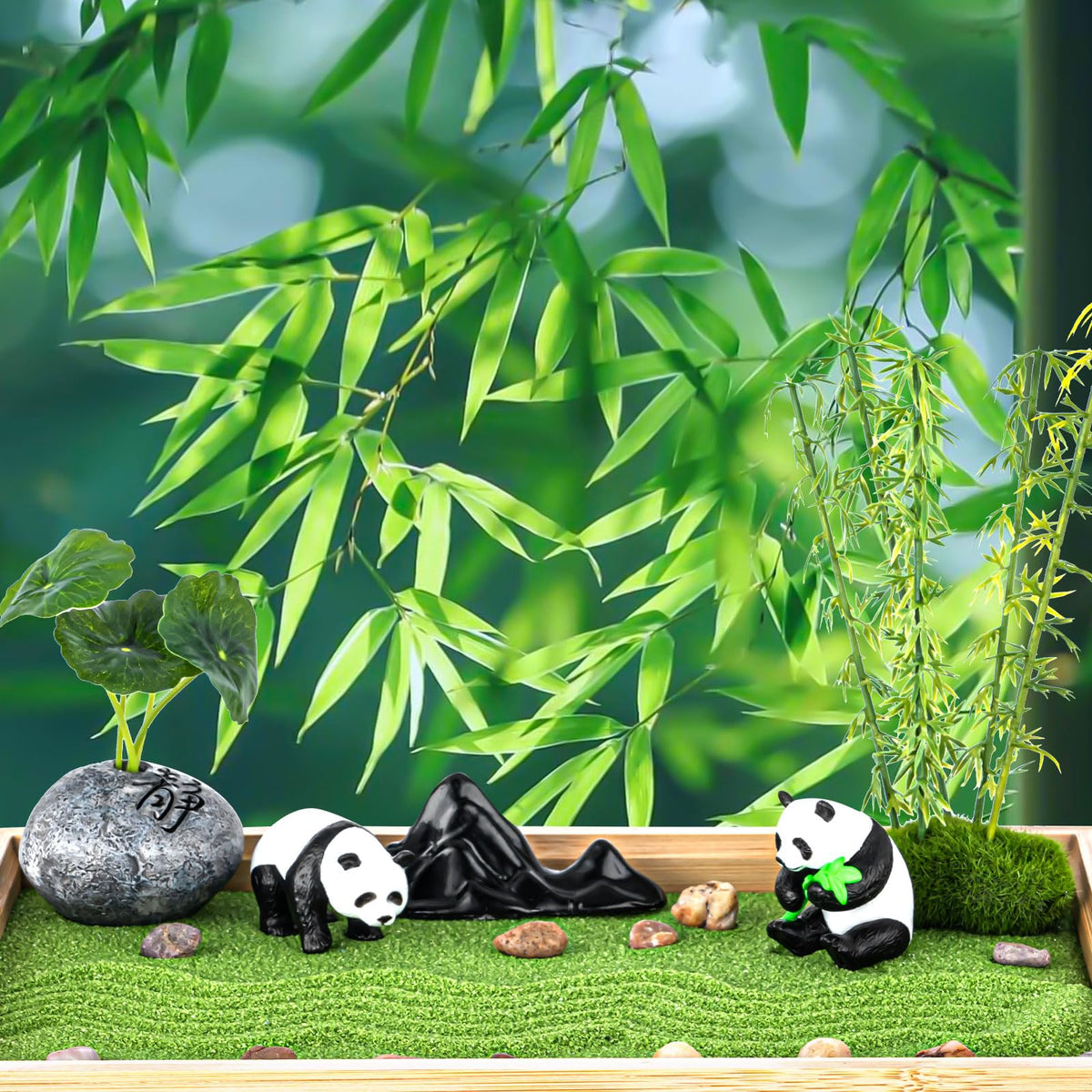 Zen Garden Kit for Desk 11''x7.5'' Room Decor with Green Sand (Panda Bamboo)
